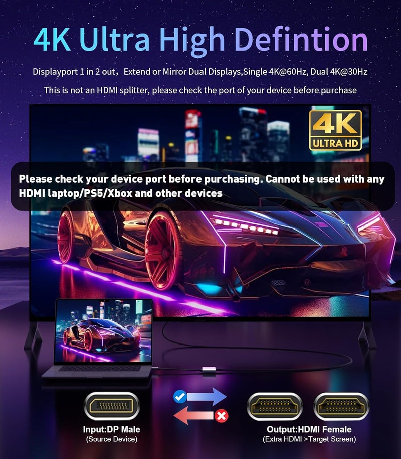 REBORN DisplayPort to Dual HDMI Adapter 4K@60Hz Display Port to HDMI 1 in 2 Out Splitter for Dual Monitor Extended Display, DP Source Adapter with PC, Graphics Card, HP and More - Image 3